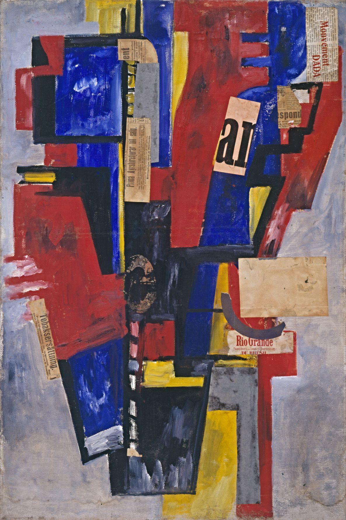 Kunstwerk von Raoul Hausmann, das aus dicht gedrängten geometrischen Formen, Zeitungsausschnitten und den dominanten Farben rot, blau, gelb und schwarz besteht.