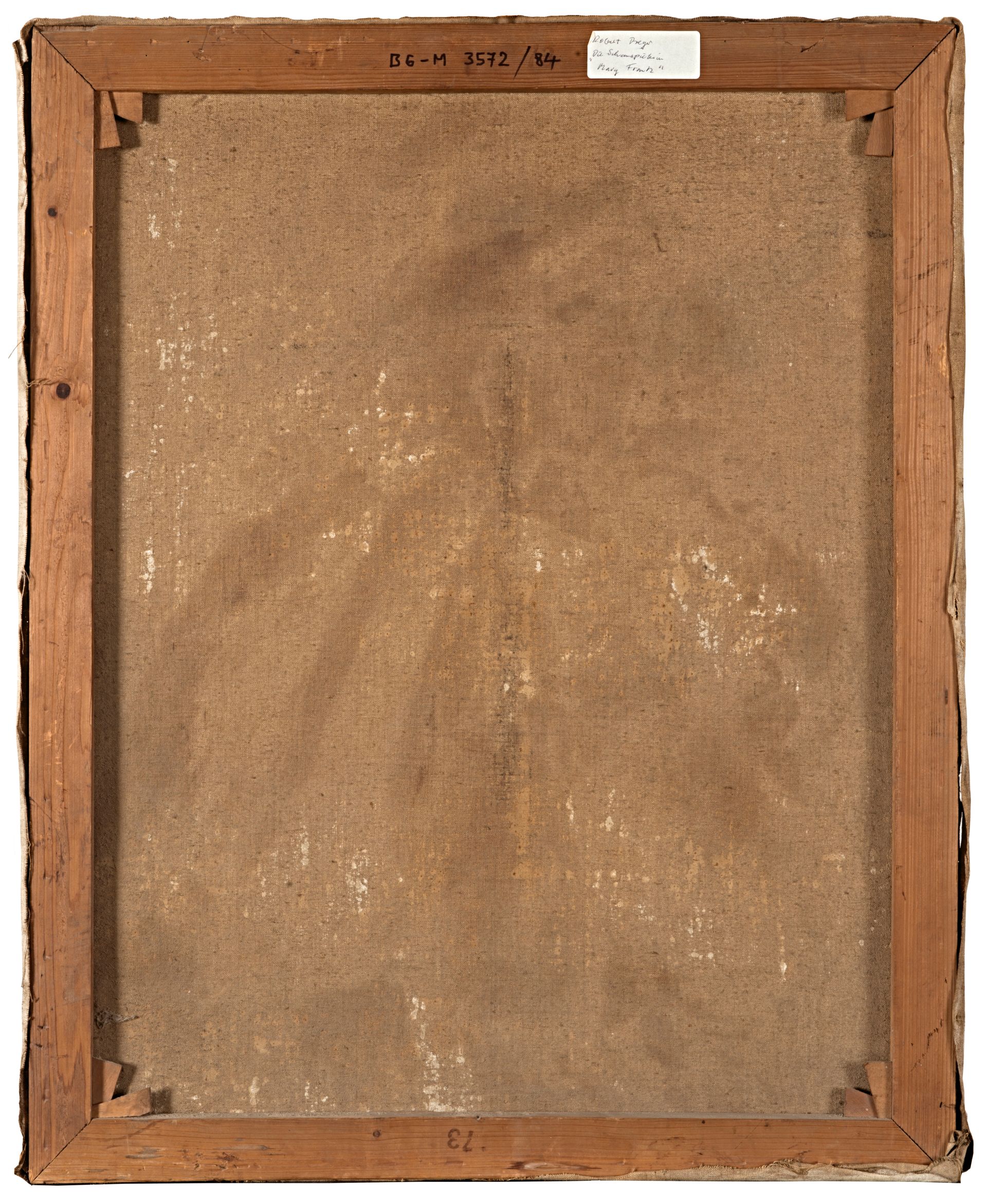 Rückseite einer Leinwand, auf Holzrahmen gespannt, 90 x 73 cm