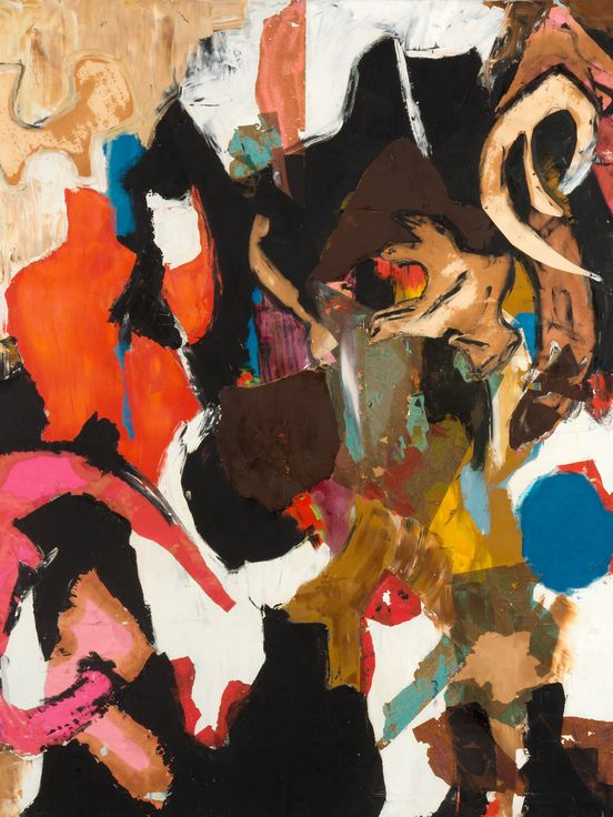 Abstract painting in warm, earthy tones, but also bright blue, orange, pink and white.