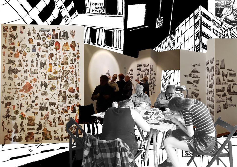 Collage: Kotti-Shop, Konzeptskizze: Collagebasiertes Kaffeetrinken