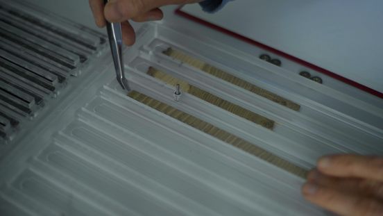 Film still: Close-up of a hand holding tweezers and examining an elongated piece of wood.