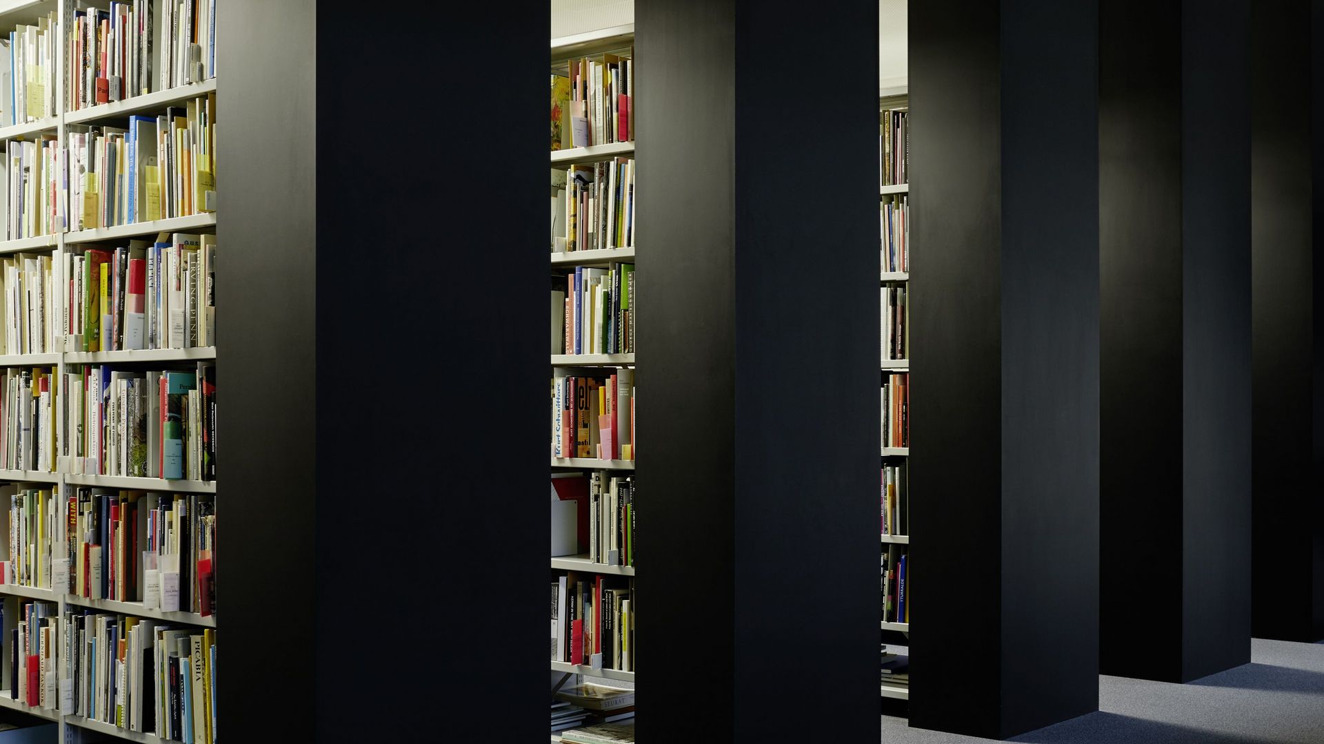 Photo: Parallel floor-to-ceiling shelves with books.