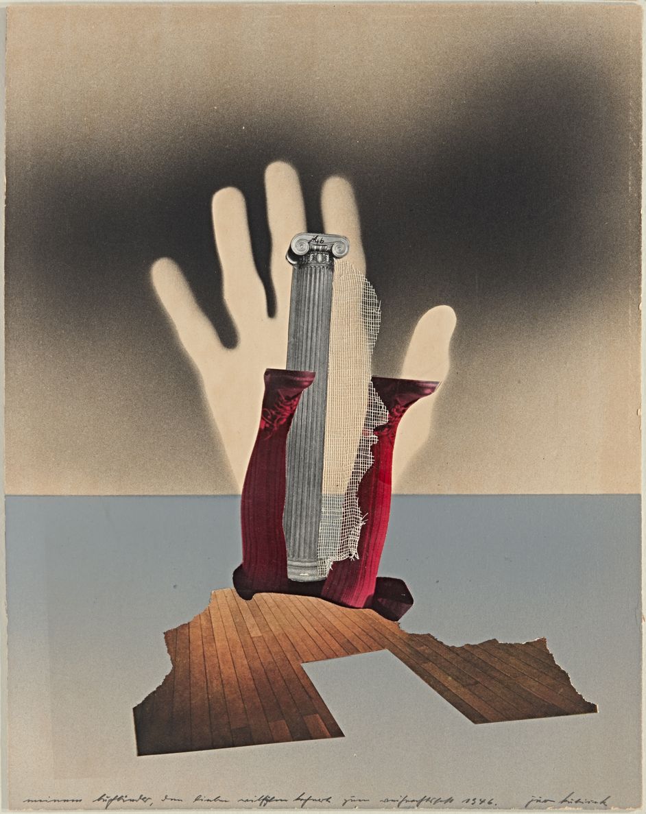 Juro Kubicek, Das Denkmal des Artisten, 1946 Collage von Juro Kubicek, Druckerzeugnisse und Gaze auf Karton, 39,7x31 cm