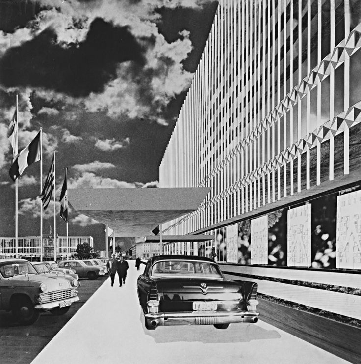 Perspektivische Schwarz-Weiß-Visualisierung eines modernistischen Gebäudekomplexes mit filigraner Fassadenstruktur, Vorfahrt mit Autos und repräsentativem Eingangsbereich