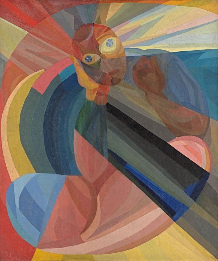 Otto Freundlich, Die Mutter, 1921, © Urheberrechte am Werk erloschen Repro: Kai-Annett Becker Gemälde: Das Gemälde besteht aus bunten, abstrakten Formen, die zur Bildmitte hin eine Person mit großen Augen zeigen.