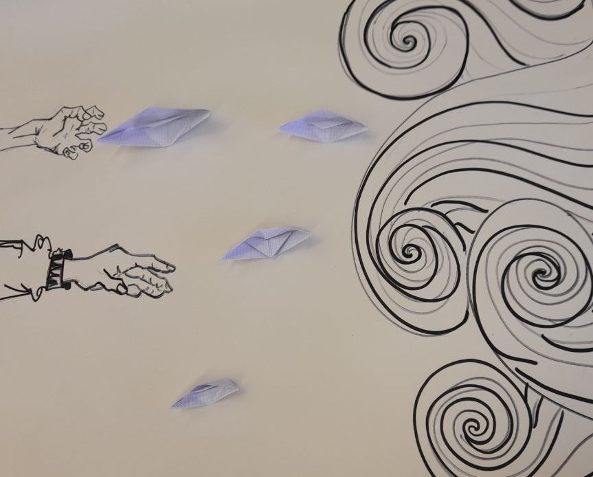 Zeichnung: Von links ragt eine Hand ins Bild. Von rechts Spiralen, die wie stilisierte Wellen anmuten.