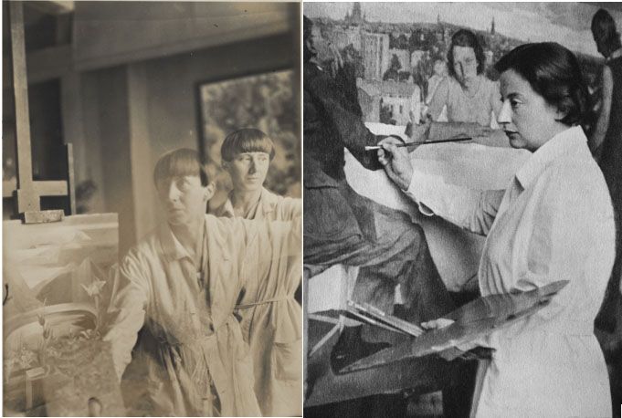 Zwei schwarz-weiß Fotografien, die die Künstlerinnen vor eigenen Gemälden zeigen.