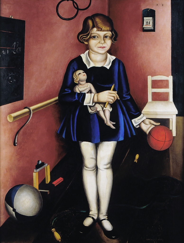 Gemälde, das die Tochter des Künstlers als Mädchen mit Puppe im Arm zeigt.