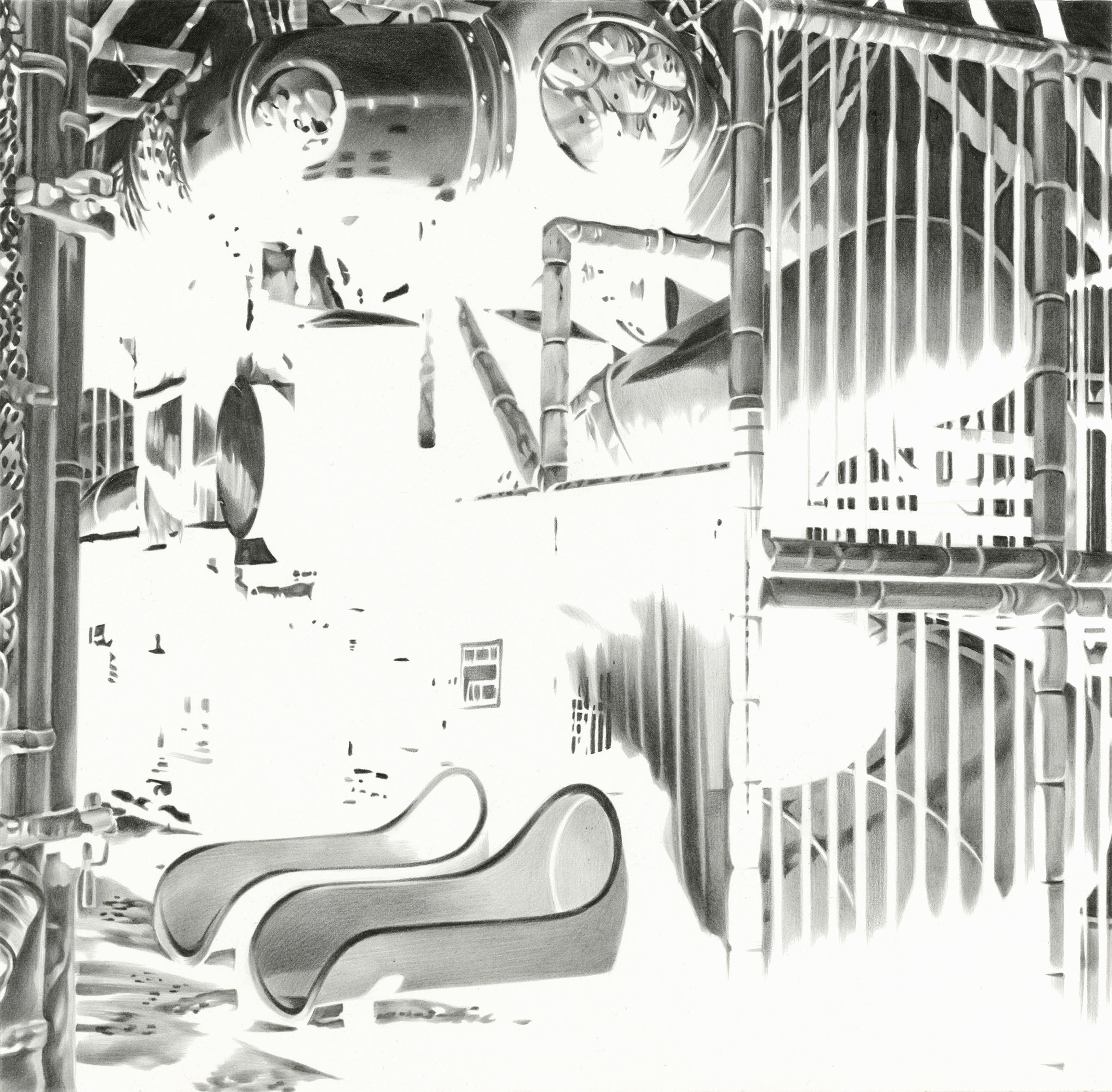 Schwarz-weiß invenrtierte Zeichnung des Künstlers auf Papier. Motiv ist ein Spielplatz