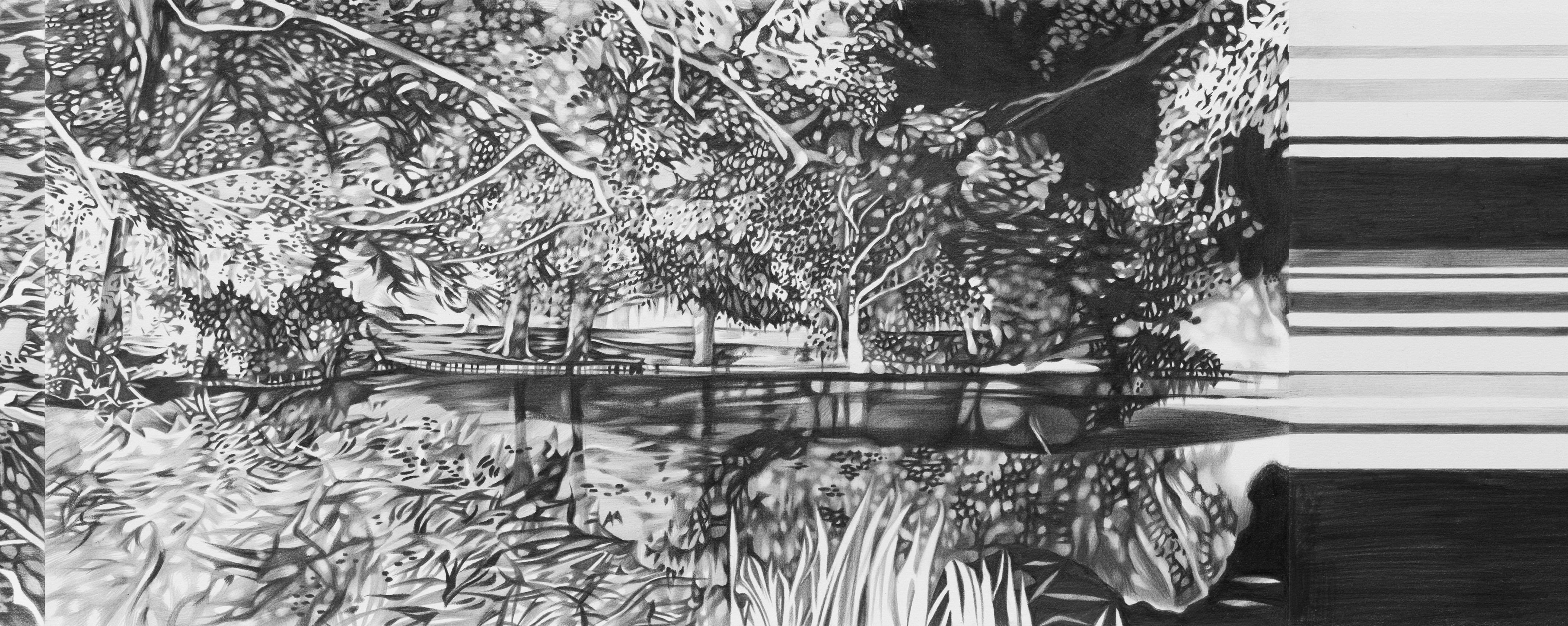 Black-and-white inverted drawing by the artist on paper. The motif is Berlin