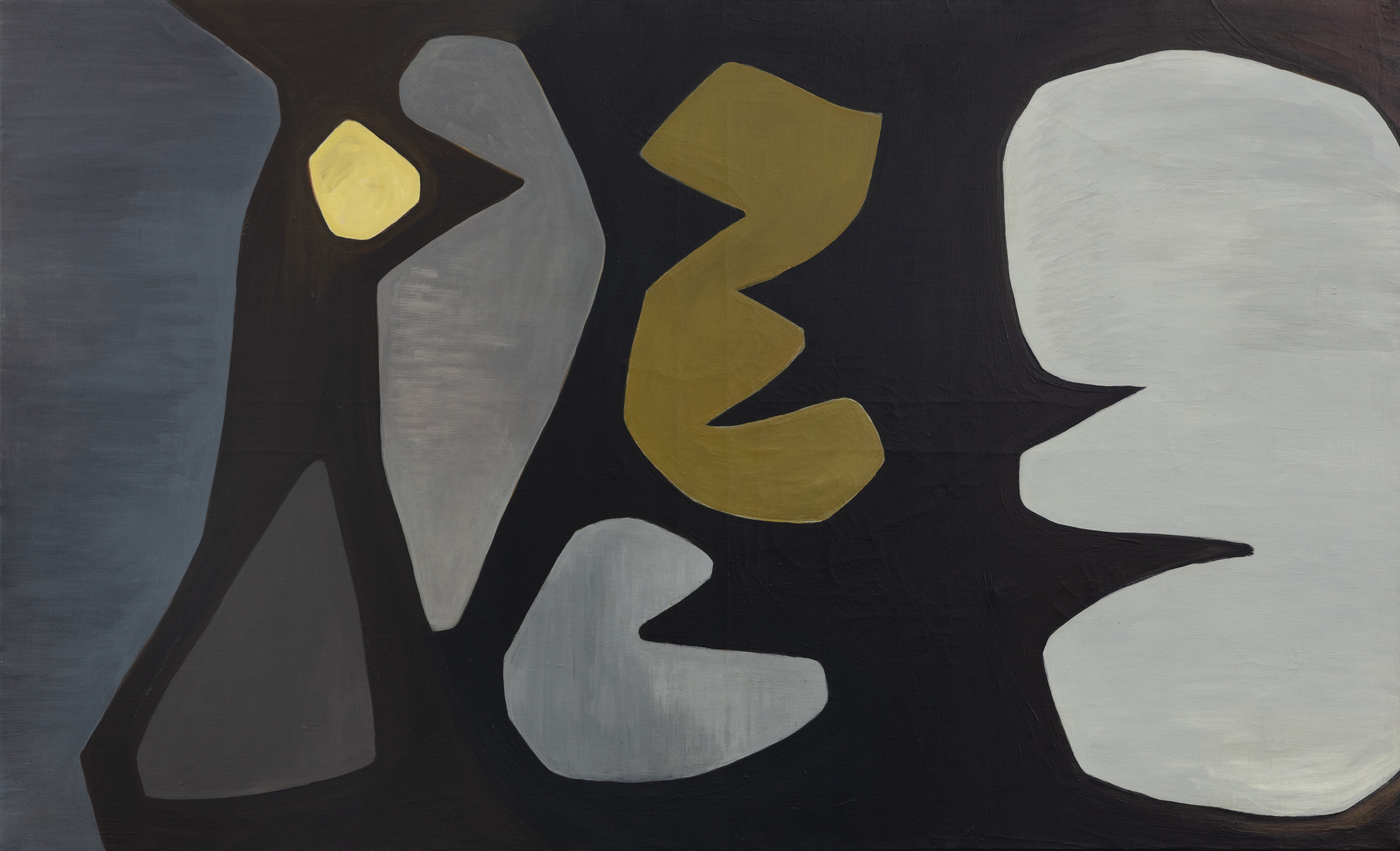 Anna-Eva Bergman, N°1-1952, 1952, Sammlung Hartung-Bergman Foundation, © Hartung-Bergman Foundation Ein abstraktes Gemälde der Künstlerin mit grauen, blauen und gelben Formen auf schwarzem Hintergrund